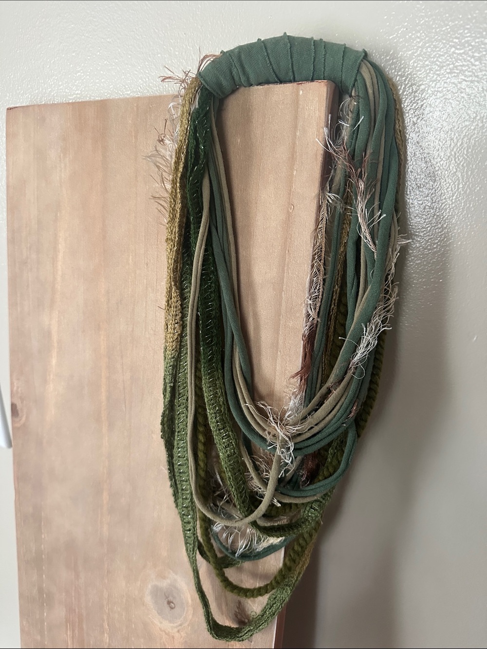 Earthy Nuetral Layered Fabric Infinity Scarf Necklace Boho Fairy Fringe Textured